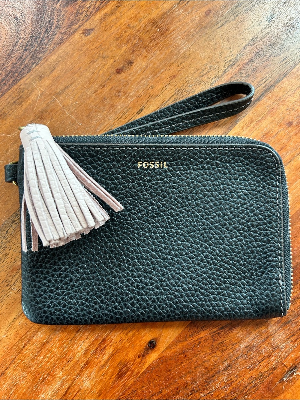 Fossil Black Leather Wristlet with Pink Tassel